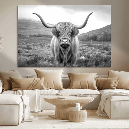 52903-MGV-CV-36X24-Highland Cow Wall Art – Black and White Canvas Print Rustic Cattle Portrait, Farmhouse Country Decor for Living Room, Office,