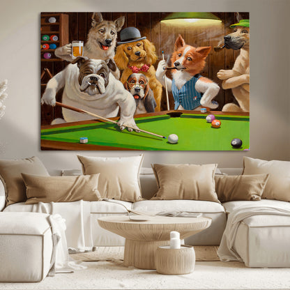 34228-MGV-CV-36X24-Dogs Playing Pool Wall Art Canvas Print, Framed Funny Dog Art Picture Print, Dog Perfect Game Room Decor Artwork