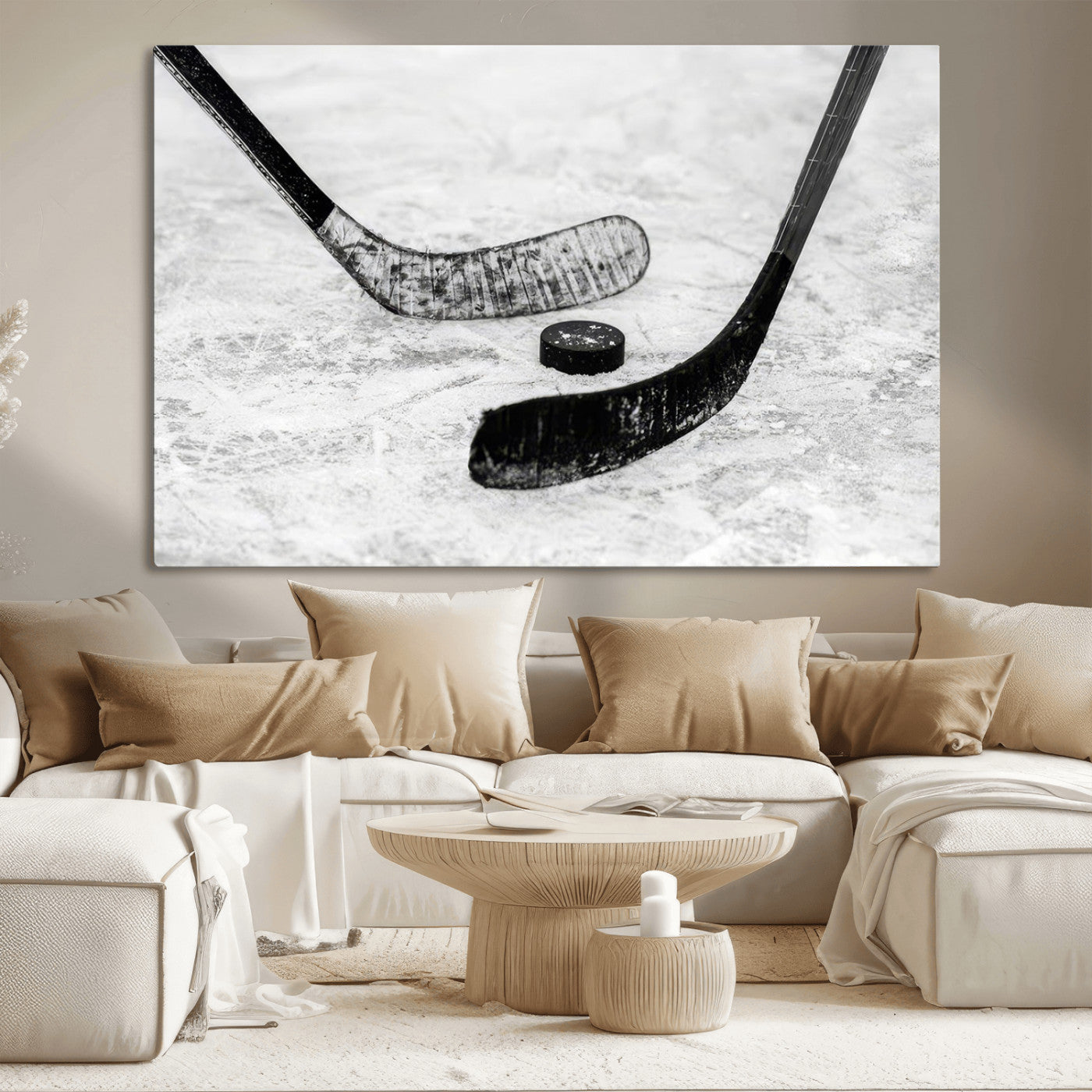 82900-MGV-CV-36X24-Hockey Wall Art – Black and White Canvas Print Ice Rink Sticks Puck Sports Photography, Modern Decor for Game Room, Man Cave,