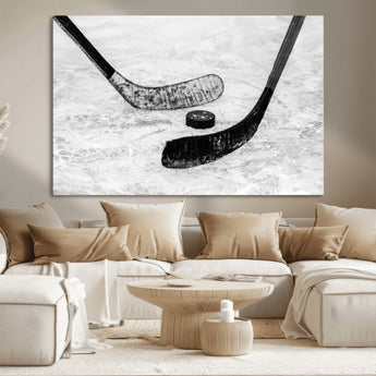 82900-MGV-CV-36X24-Hockey Wall Art – Black and White Canvas Print Ice Rink Sticks Puck Sports Photography, Modern Decor for Game Room, Man Cave,