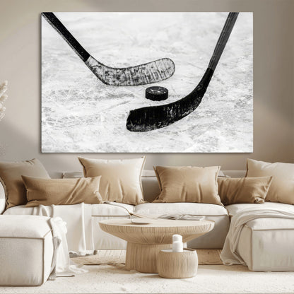 82900-MGV-CV-36X24-Hockey Wall Art – Black and White Canvas Print Ice Rink Sticks Puck Sports Photography, Modern Decor for Game Room, Man Cave,