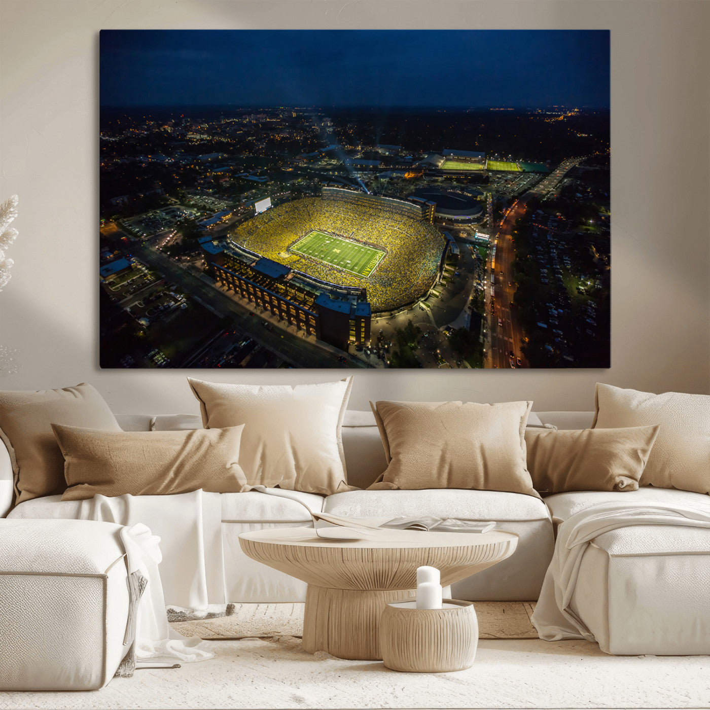 33588-MGV-CV-36X24-Football Stadium Wall Art – Aerial Night Game Canvas Print Packed Field City Lights, Sports Photography Decor for Game Room, Man