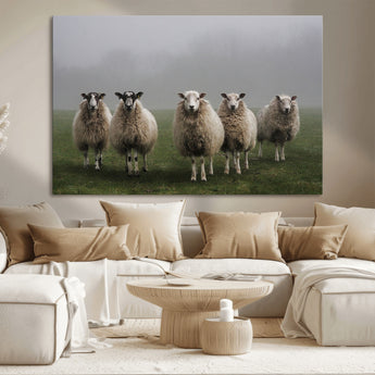 87339-MGV-CV-36X24-Sheep Wall Art – Rustic Farmhouse Canvas Print Flock Standing Misty Field Countryside Photography, Country Animal Decor for Living
