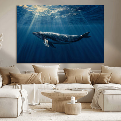 18052-MGV-CV-36X24-Whale Wall Art – Majestic Ocean Canvas Print Marine Life Underwater Sunlight Scene, Nautical Coastal Decor for Living Room,