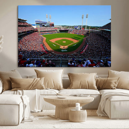 90998-MGV-CV-36X24-Baseball Stadium Wall Art – Canvas Print Day Game Field Packed Crowd Bright Blue Sky Sports Photography, Classic Decor for Game