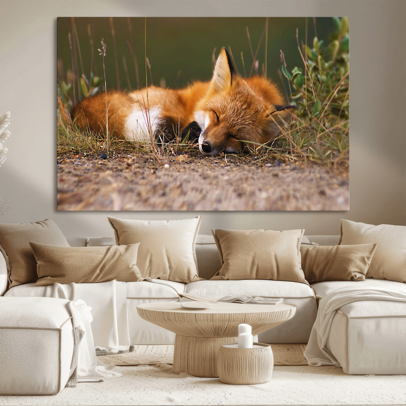 25085-MGV-CV-36X24-Sleeping Fox Wall Art Canvas Print, Framed Rustic Fox Art Picture Print, Wildlife Animal Perfect Rustic Farmhouse Decor Artwork