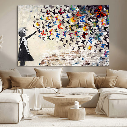 97895-MGV-CV-36X24-Girl with Butterflies Wall Art – Colorful Street Art Style Canvas Print, Modern Graffiti-Inspired Butterfly Artwork for Living