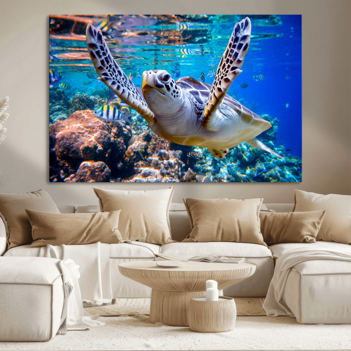 12683-MGV-CV-36X24-Sea Turtle Wall Art – Graceful Ocean Canvas Print with Coral Reef and Tropical Fish, Coastal Marine Life Decor for Beach House,