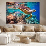 66614-MGV-CV-36X24-Sea Turtle Wall Art – Hawksbill Turtle Swimming Over Coral Reef Canvas Print, Ocean Marine Life Decor for Beach House, Coastal