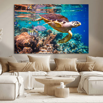 66614-MGV-CV-36X24-Sea Turtle Wall Art – Hawksbill Turtle Swimming Over Coral Reef Canvas Print, Ocean Marine Life Decor for Beach House, Coastal