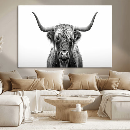 49556-MGV-CV-36X24-Highland Cow Wall Art – Black and White Scottish Highland Cattle Print, Rustic Farmhouse Minimalist Animal Portrait Canvas for