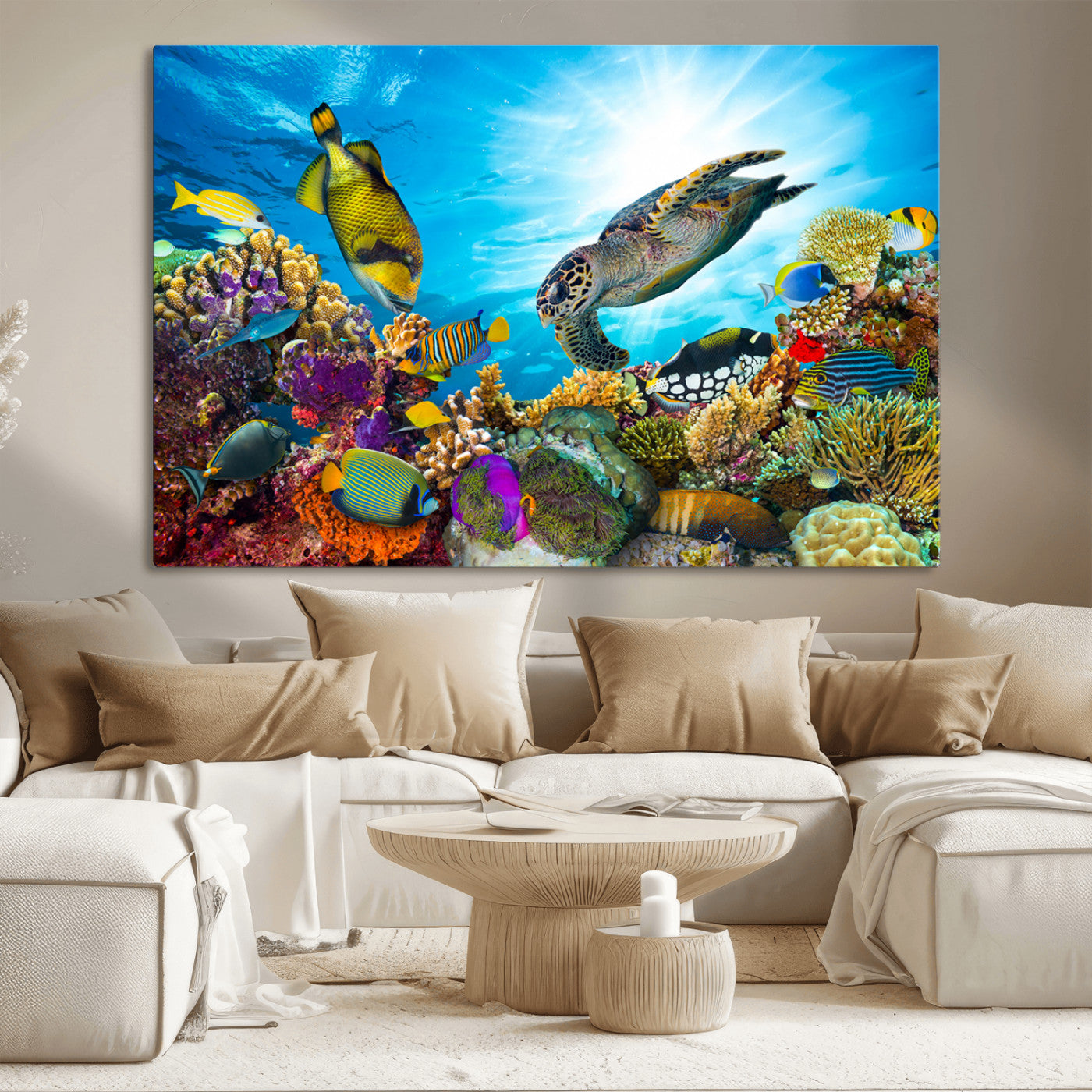 44772-MGV-CV-36X24-Underwater Sea Turtle Wall Art – Vibrant Coral Reef and Tropical Fish Canvas Print, Ocean Marine Life Decor for Living Room,