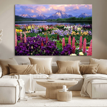 82270-MGV-CV-36X24-Colorful Wildflower Meadow Landscape Wall Art – Snow-Capped Mountain Lake Sunset Print, Vibrant Nature Artwork for Living Room,