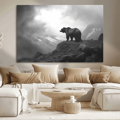 49504-MGV-CV-36X24-Black and White Grizzly Bear Wall Art – Wilderness Wildlife Painting, Rustic Mountain Cabin Decor, Monochrome Animal Print for