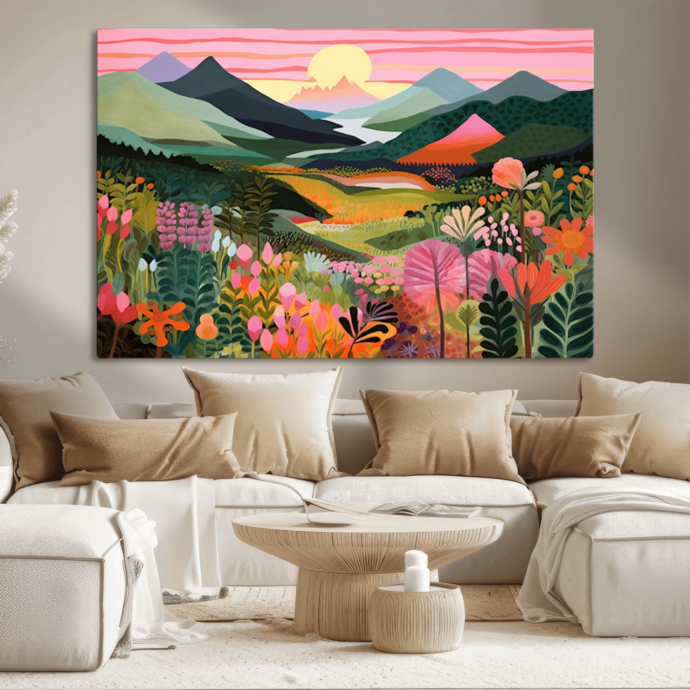 99638-MGV-CV-36X24-Sunset Meadow Wall Art – Panoramic Mountain Landscape with Wildflowers Canvas Print, Vibrant Nature Decor for Living Room, Bedroom