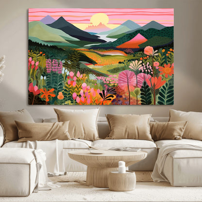 99638-MGV-CV-36X24-Sunset Meadow Wall Art – Panoramic Mountain Landscape with Wildflowers Canvas Print, Vibrant Nature Decor for Living Room, Bedroom