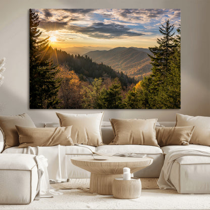 73692479-MGV-CV-36X24-Smoky Mountains Wall Art Canvas Print, Framed Forest Mountain Art Picture Print, Spring Mountain Perfect Spring Style Decor