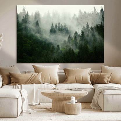 167720496-MGV-CV-36X24-Misty Forest Wall Art – Serene Evergreen Trees Canvas Print, Foggy Mountain Nature Landscape Decor for Bedroom, Living Room or
