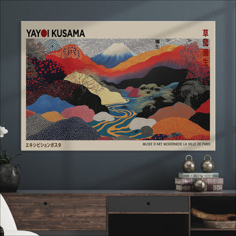 49228-MGV-FC-93X47-3P_Black-Kusama Wall Art – Vibrant Japanese Landscape Canvas Print, Modern Abstract Mountain and River Decor for Living Room, Office or Art