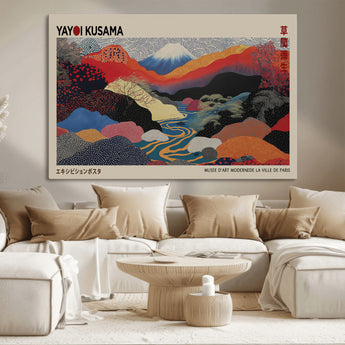 49228-MGV-FC-93X47-3P_Black-Kusama Wall Art – Vibrant Japanese Landscape Canvas Print, Modern Abstract Mountain and River Decor for Living Room, Office or Art