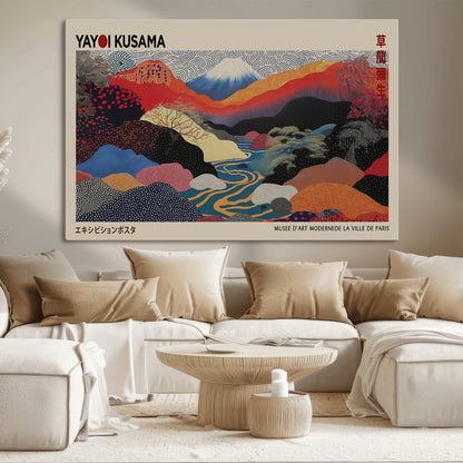 49228-MGV-FC-93X47-3P_Black-Kusama Wall Art – Vibrant Japanese Landscape Canvas Print, Modern Abstract Mountain and River Decor for Living Room, Office or Art
