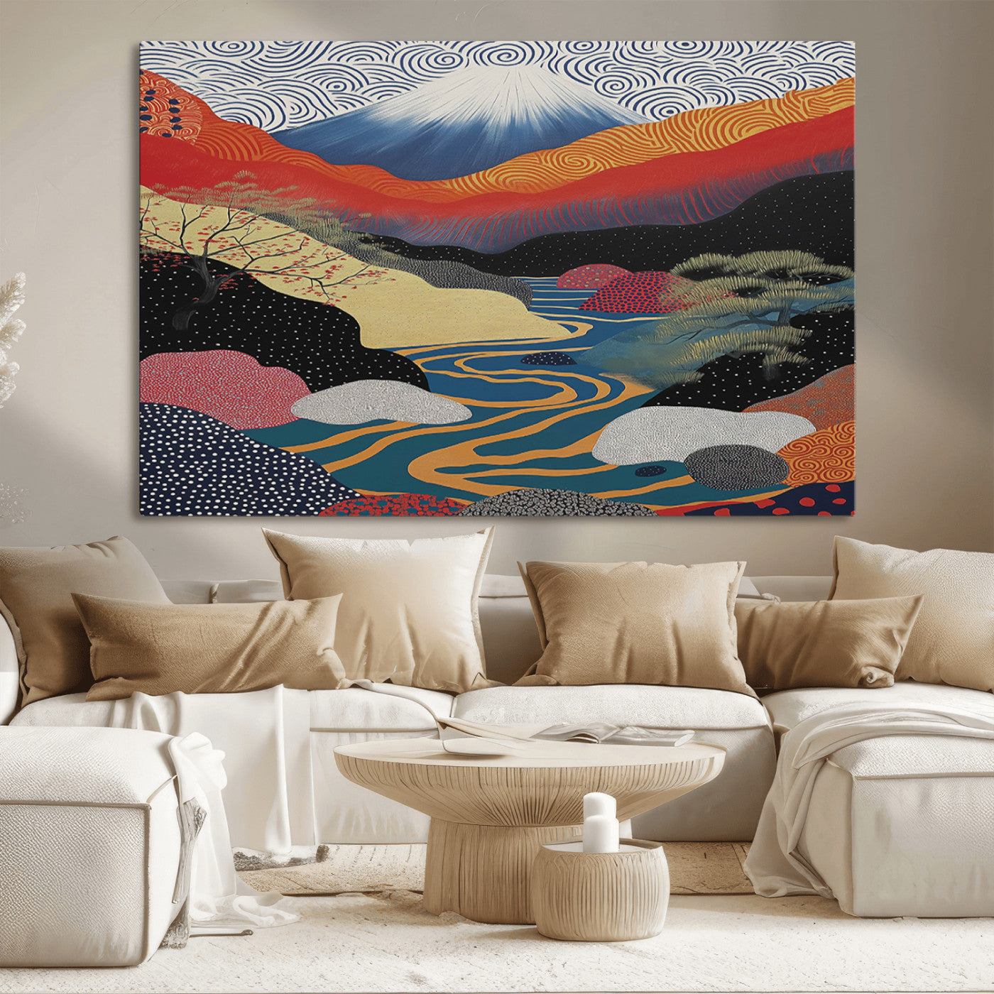 32131-MGV-CV-36X24-Japanese Mount Fuji Wall Art – Abstract Landscape Canvas Print with Swirling Sky & River, Modern Minimalist Asian Inspired Poster