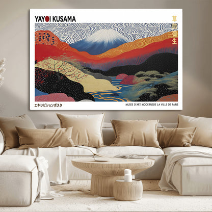 MGV-CV-36X24 - Yayoi Kusama Wall Art – Panoramic Mountain & River Canvas Print, Modern Abstract Japanese Landscape Decor for Living Room or Office
