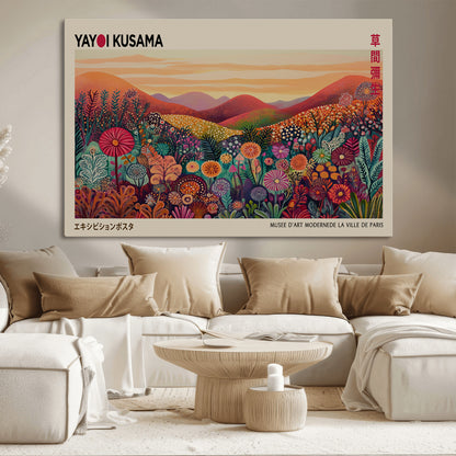 66096-MGV-CV-36X24-Yayoi Kusama Wall Art – Sunset Floral Landscape Canvas Print, Vibrant Flower Garden Panorama for Living Room, Bedroom or Office