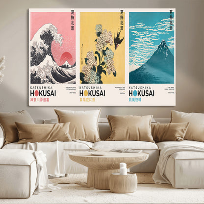Katsushika-MGV-CV-36X24-Katsushika Hokusai Wall Art Set – The Great Wave, Hydrangea and Swallow, Fine Wind Canvas Prints, Japanese Ukiyo e Style Home and