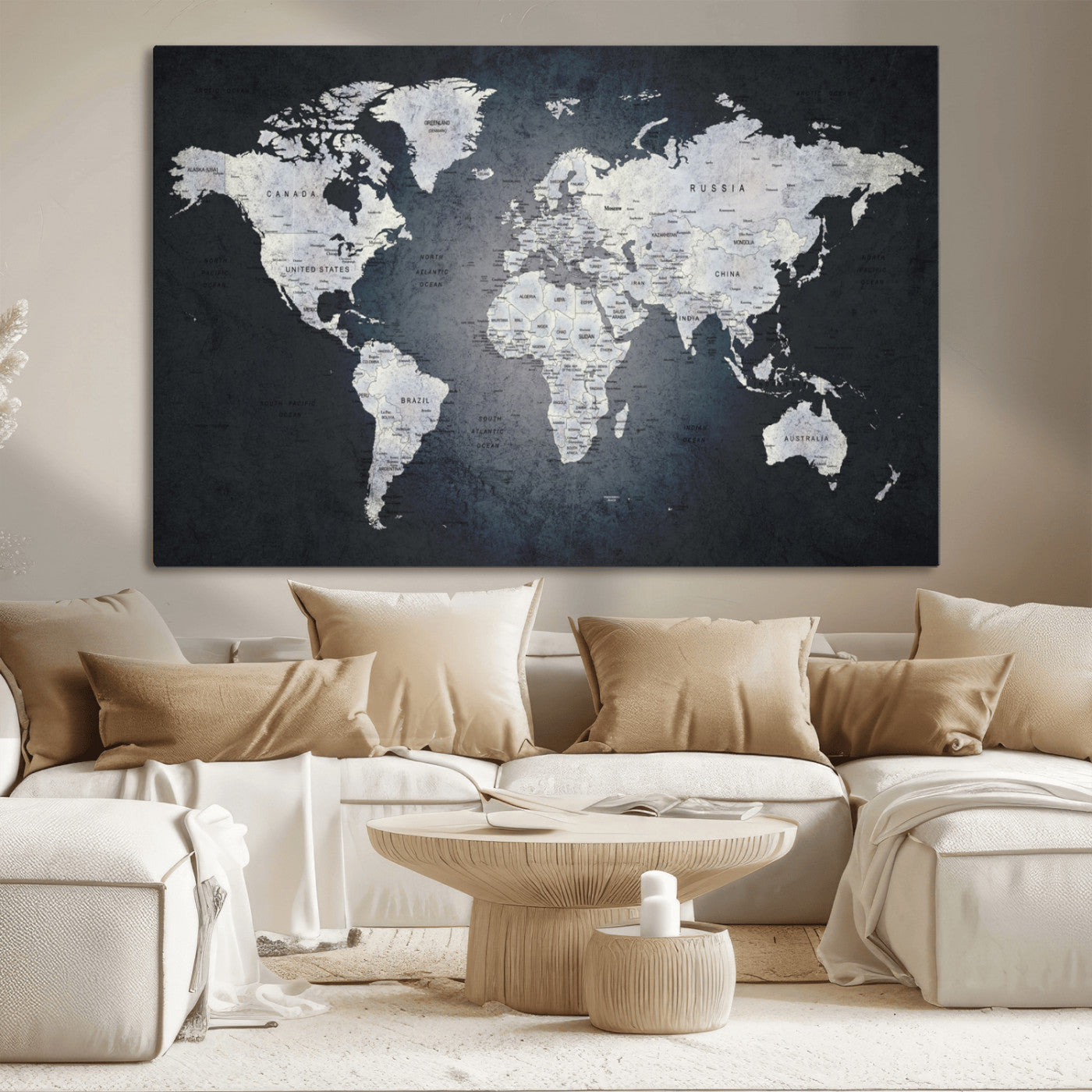 19124-MGV-CV-36X24-Modern World Map Wall Art – Black and White Canvas Print, Minimalist Global Map Decor for Office, Study, Bedroom or Living Room