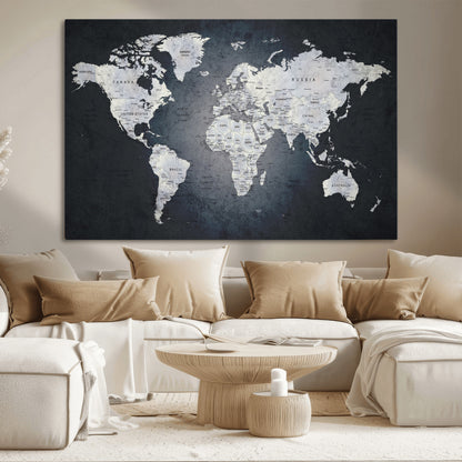 19124-MGV-CV-36X24-Modern World Map Wall Art – Black and White Canvas Print, Minimalist Global Map Decor for Office, Study, Bedroom or Living Room