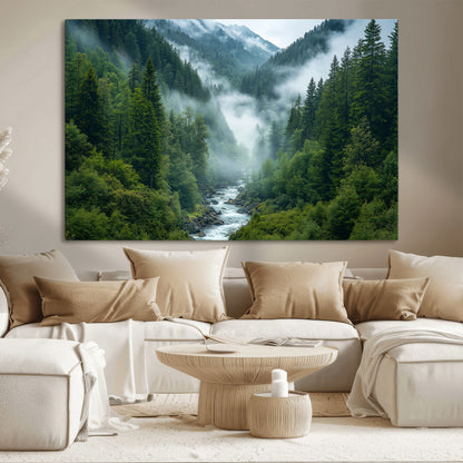 69453-MGV-CV-36X24-Mountain Forest Wall Art – Misty River and Evergreen Landscape Canvas Print, Nature Photography Poster for Living Room, Bedroom,
