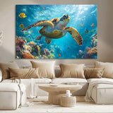 37623-MGV-CV-36X24-Sea Turtle Wall Art – Underwater Ocean Canvas Print with Coral Reef and Tropical Fish, Marine Life Painting Poster for Living