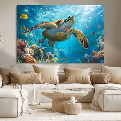 37623-MGV-CV-36X24-Sea Turtle Wall Art – Underwater Ocean Canvas Print with Coral Reef and Tropical Fish, Marine Life Painting Poster for Living