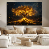 60194-MGV-CV-36X24-Glowing Tree Wall Art – Golden Roots Fantasy Canvas Print, Mystical Illuminated Tree Painting Poster for Living Room, Bedroom,