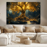 92739-MGV-CV-36X24-Glowing Tree Wall Art – Enchanted Golden Forest Canvas Print, Mystical Illuminated Nature Painting Poster for Living Room,