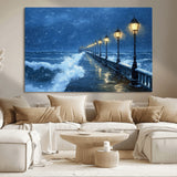 32668-MGV-CV-36X24-Stormy Pier Wall Art – Ocean Waves and Street Lamps Canvas Print, Rainy Night Seascape Oil Painting Poster for Living Room,