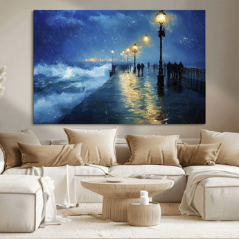 94571-MGV-CV-36X24-Seaside Night Wall Art – Ocean Waves and Street Lamps Canvas Print, Rainy City Pier Oil Painting Poster for Living Room, Bedroom,