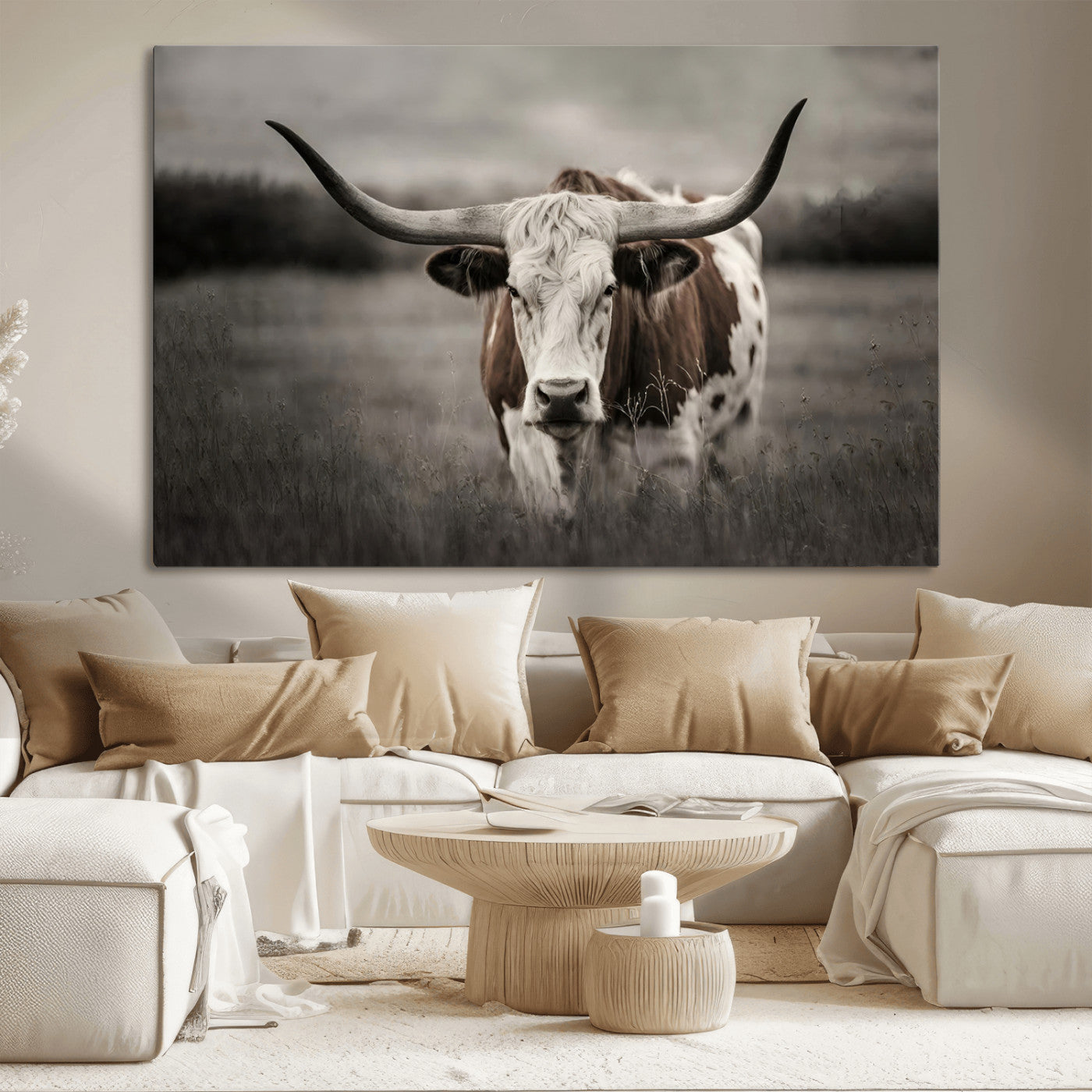 69238-MGV-CV-36X24-Longhorn Bull Wall Art – Rustic Black and White Texas Cattle Canvas Print, Western Farmhouse Animal Photography for Living Room,