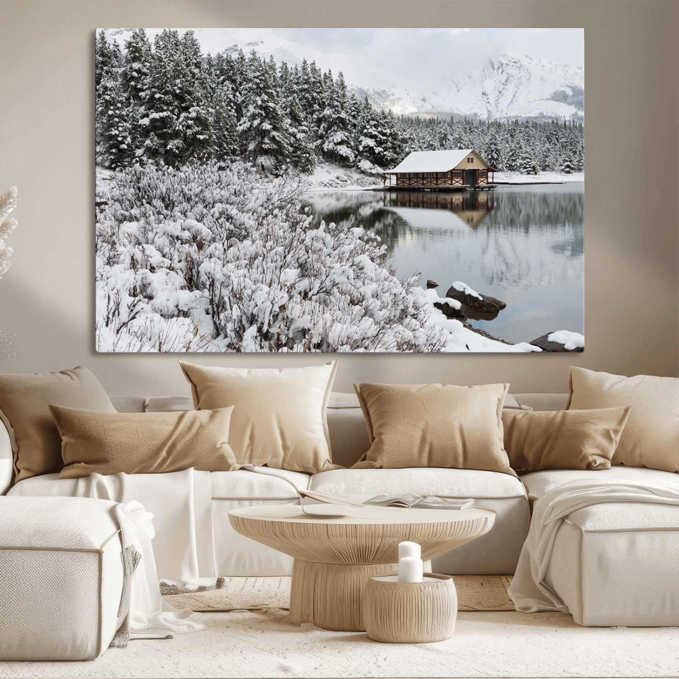 94285-MGV-CV-36X24-Snowy Cabin Wall Art Canvas Print, Framed Winter Cabin Art Picture Print, Mountain Lake Perfect Snowy Nature Decor Artwork