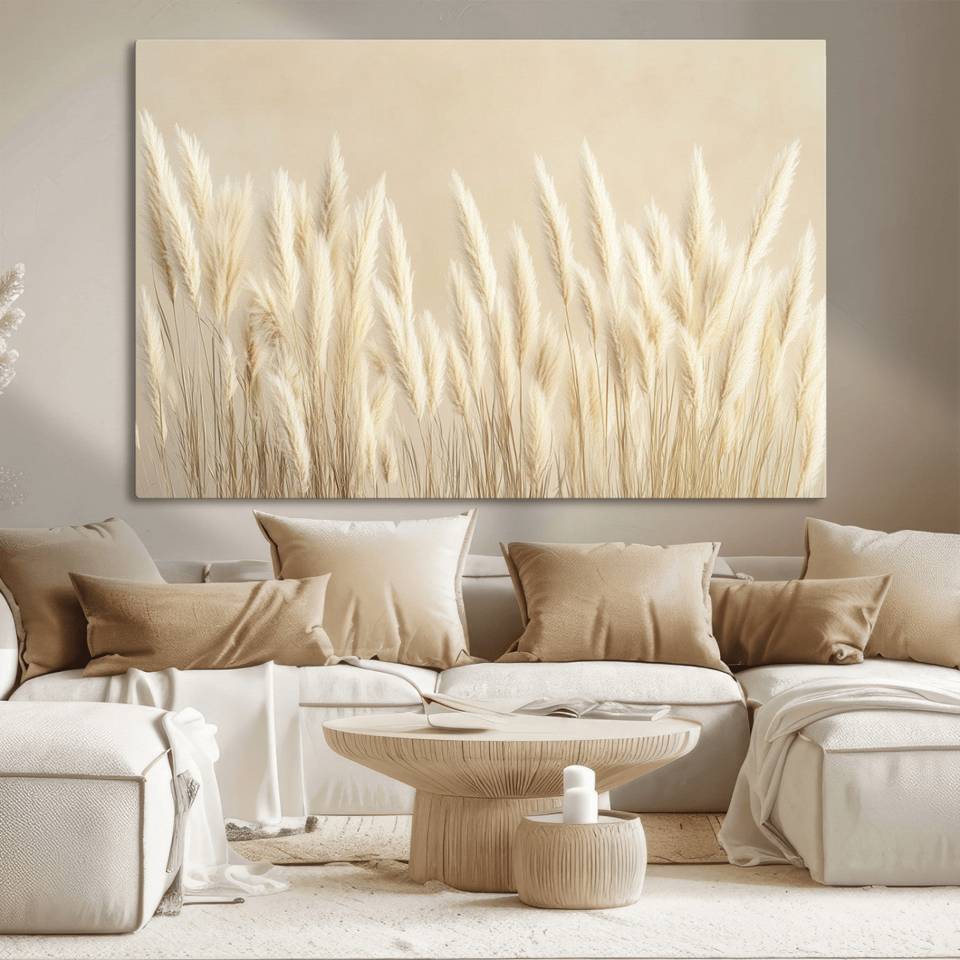 81444-MGV-CV-36X24-Pampas Grass Wall Art Canvas Print, Framed Beige Pampas Grass Art Picture Print, Minimalist Beige Perfect Minimalist Nature Decor