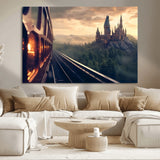 84029-MGV-CV-36X24-Fantasy Castle Wall Art – Magical Train Sunset Forest Canvas Print, Enchanted Landscape Painting Poster for Living Room, Bedroom,