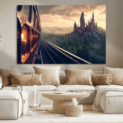 84029-MGV-CV-36X24-Fantasy Castle Wall Art – Magical Train Sunset Forest Canvas Print, Enchanted Landscape Painting Poster for Living Room, Bedroom,