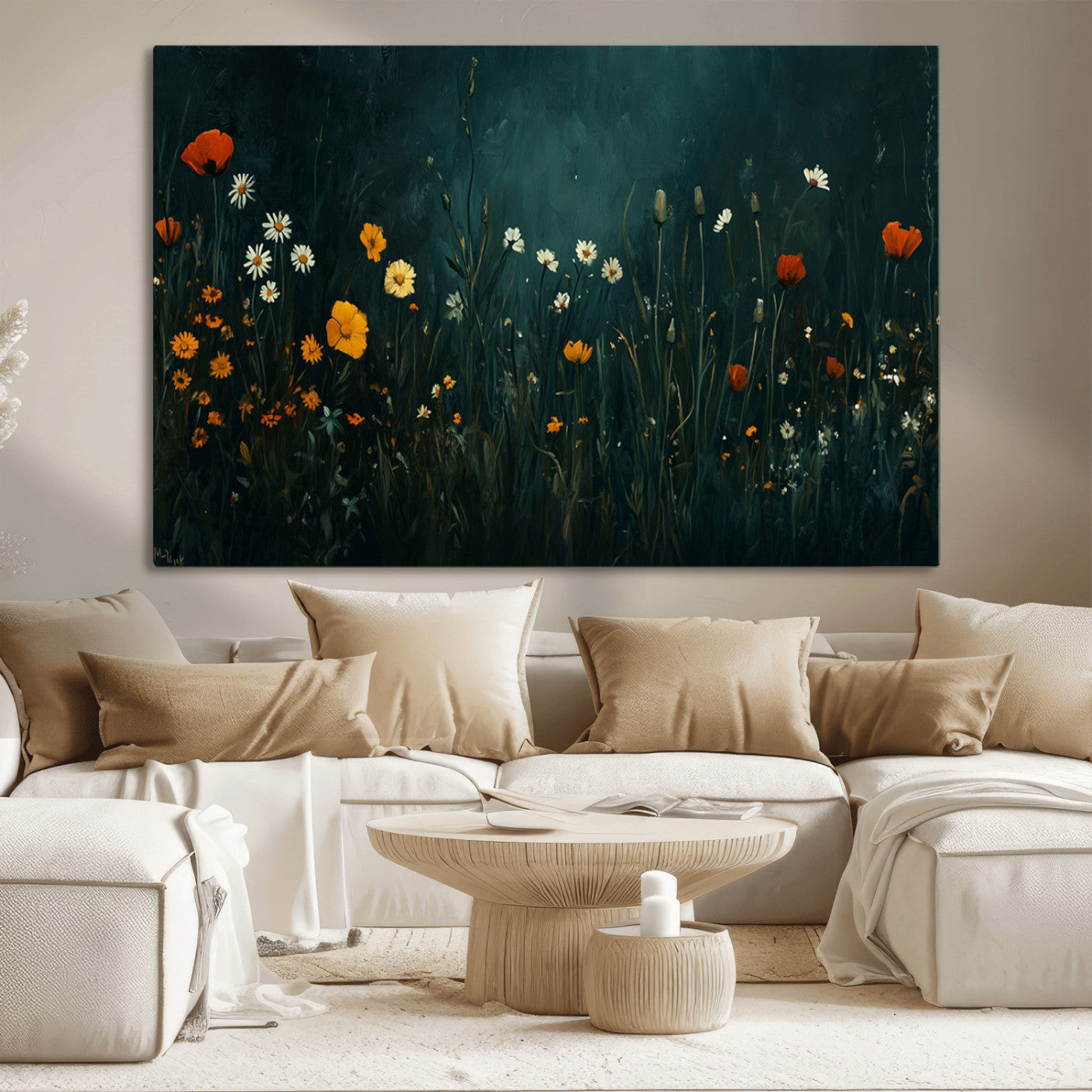 87037-MGV-CV-36X24-Wildflower Wall Art – Dark Botanical Floral Canvas Print, Modern Nature Painting Poster with Daisies Poppies Orange Flowers for