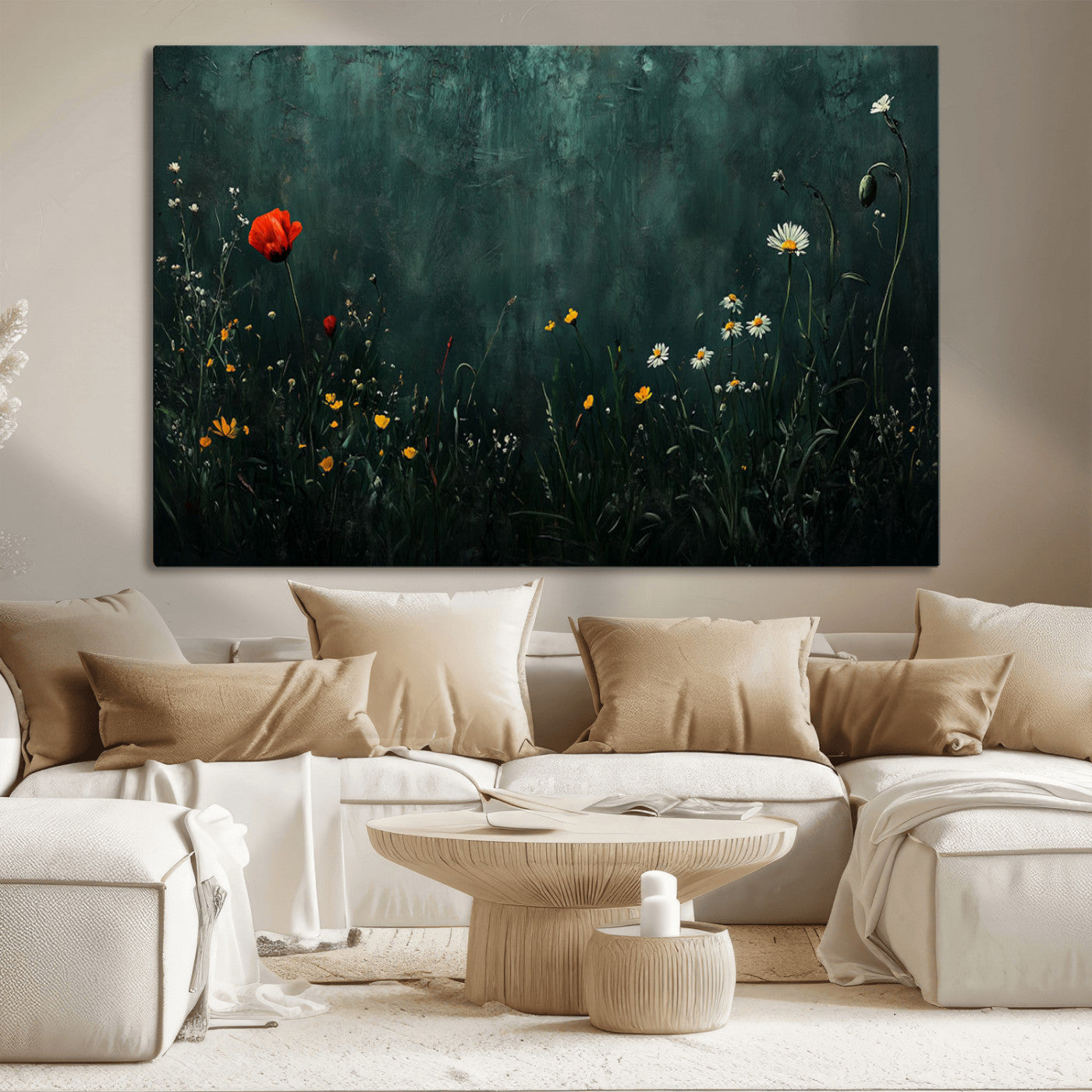 26218-MGV-CV-36X24-Wildflower Wall Art – Dark Botanical Floral Canvas Print, Modern Nature Painting Poster with Daisy Poppy Yellow Flowers for Living