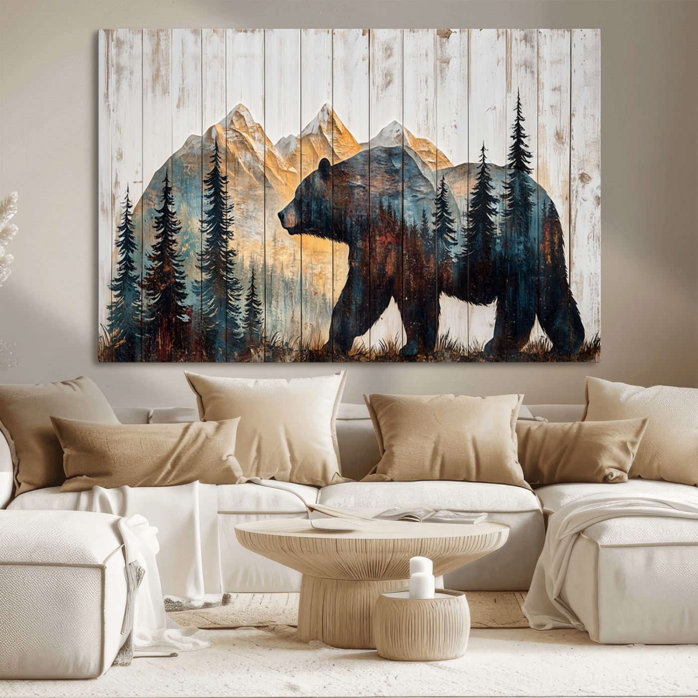 90077-MGV-CV-36X24-Wood Grizzly Bear Wall Art Canvas Print, Framed Abstract Bear Art Picture Print, Bear in Forest Perfect Rustic Lodge Decor Artwork