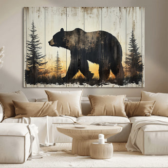 83875-MGV-CV-36X24-Sunset Bear Wall Art – Rustic Wildlife Canvas Print with Forest Silhouette, Cabin Lodge Decor for Living Room or Office