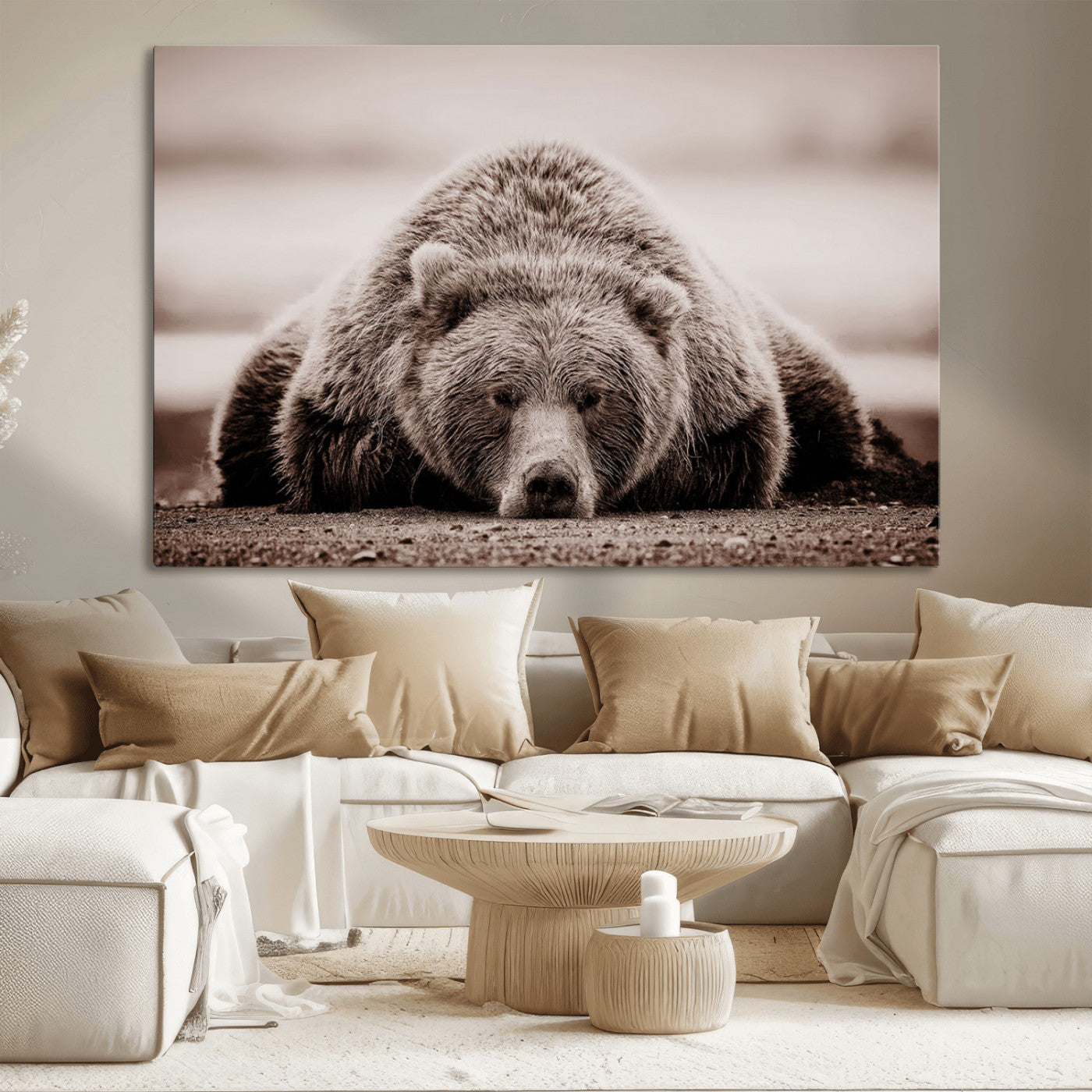20611-MGV-CV-36X24-Grizzly Bear Wall Art – Majestic Wildlife Sepia Canvas Print, Rustic Nature Animal Artwork for Cabin, Lodge, Living Room, Bedroom,