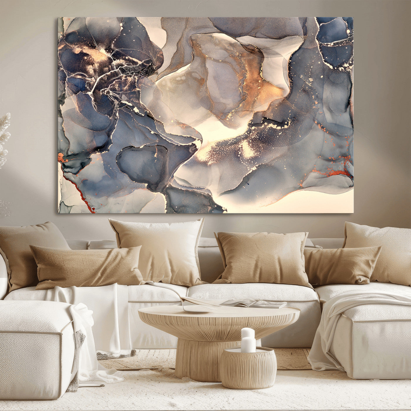 18202-MGV-CV-36X24-Abstract Neutral Wall Art – Blue, Beige and Gold Fluid Ink Canvas Print, Modern Minimalist Painting for Living Room, Office