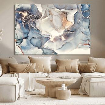 51497-MGV-CV-36X24-Abstract Blue and Gold Wall Art – Modern Fluid Ink Style Canvas Print, Elegant Contemporary Decor for Living Room, Office